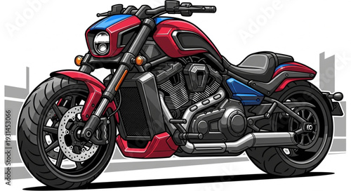 Powerful red and blue custom cruiser motorcycle illustration.