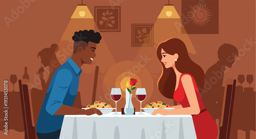 Romantic Diverse Couple Enjoying Candlelight Dinner Date at Restaurant