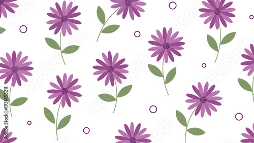 Cheerful pattern of purple daisy-like flowers with yellow centers and green leaves scattered across a plain white background.