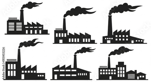 Industrial factory silhouettes emitting smoke from chimneys.