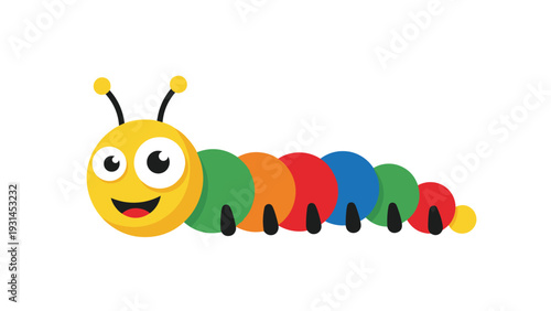 Happy cartoon caterpillar with a yellow head and a body made of colorful green orange red and blue circular segments.