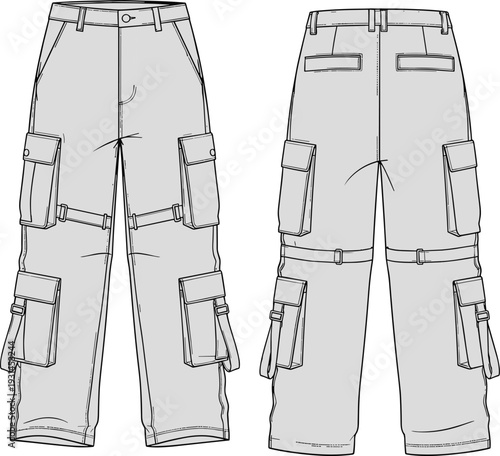 Cargo pants front and back view, technical fashion sketch, multiple pockets, strap and buckle detail, black and white vector illustration, garment design