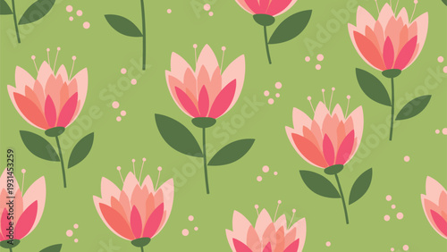 Seamless floral pattern with pink and red lotus-like flowers and green leaves on a sage green background with dots.