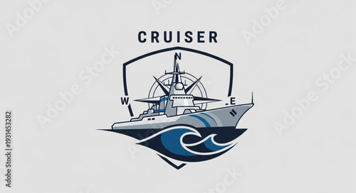 Naval Cruiser Ship Emblem with Compass and Waves.