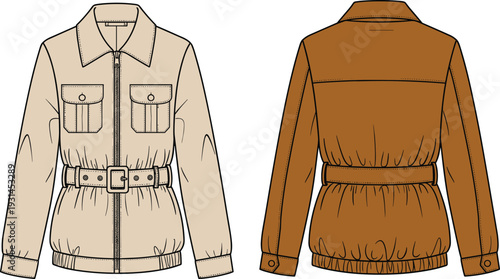 Cad drawing flat vector illustration, belted jacket fashion sketch, front and back view, garment design, technical outerwear template