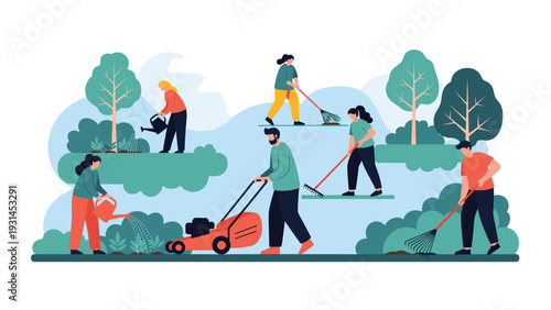 Group of people working together in a public park to maintain the landscape by mowing grass raking leaves and watering plants in summertime.