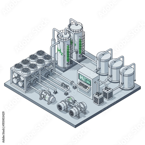 Isometric illustration of a modern hydrogen production and storage facility, showcasing advanced industrial equipment and infrastructure.