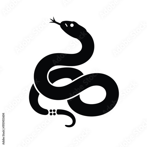 A stylized black snake with its tongue out, coiled on a white background, featuring a unique patterned tail.