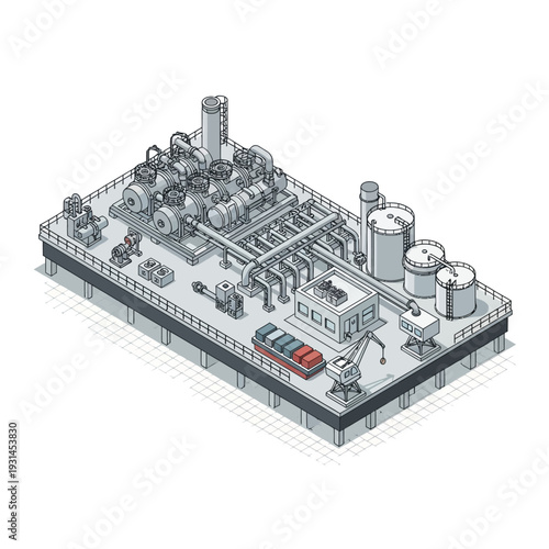 Isometric illustration of an industrial offshore platform with complex machinery, storage tanks, and cargo containers, showcasing a sophisticated engineering operation.