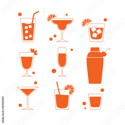 A collection of orange flat design icons depicting various cocktail glasses, drinks, and a shaker, set against a white background.