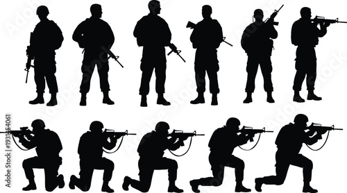 Military soldier silhouettes set, armed forces in standing and kneeling combat poses, tactical army black vector illustration collection for defense design