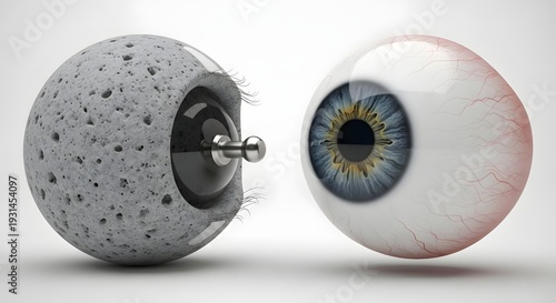 Two eyeballs one natural blue iris one grey stone with metal connection