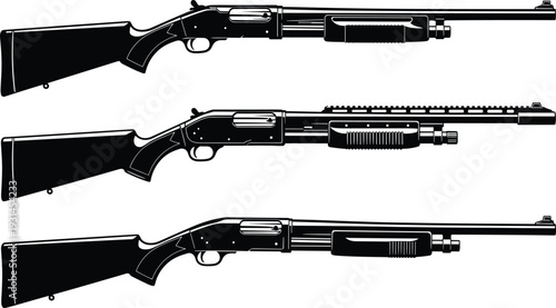 Pump-action shotgun silhouette set, tactical firearm design, black vector illustration, hunting gear, weapon collection, minimal style, shooting theme, defense icon