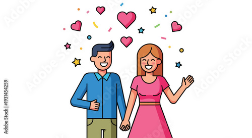 Cheerful Couple Holding Hands Celebrating Love with Hearts and Star Confetti
