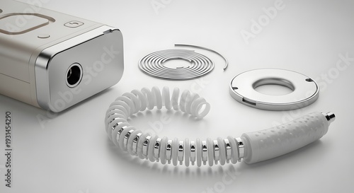 White coiled hose and metal parts with electronic device on white background