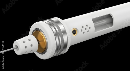 White cylindrical device with metallic accents and perforated tip on black background technology silver