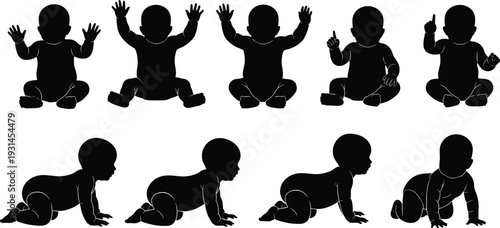 Silhouette, baby sitting and crawling, infant poses, child development stages, black vector illustration, white background, motion study, playful baby gestures