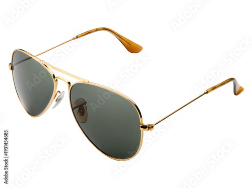 Elegant vintage gold metal framed aviator style sunglasses with dark green lenses isolated on transparent background