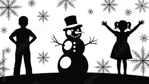 Winter silhouette scene, children with snowman, snowflakes falling, festive outdoor play, holiday joy, black vector illustration, seasonal design, snowy fun