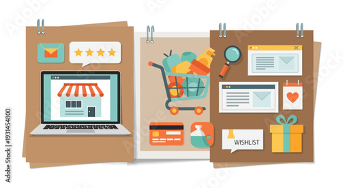 E-commerce Online Shopping Journey. Digital Retail Concept with Storefront, Cart, Payments, Customer Reviews, Wishlist, and Marketing Icons. Flat Design.