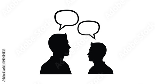 Two figures in conversation depicted as a stark black silhouette