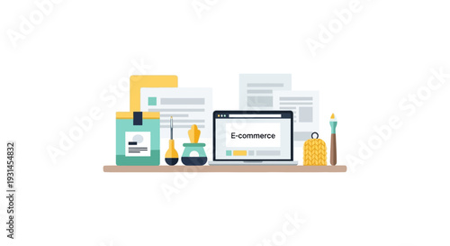 E-commerce Business Workflow Illustration with Laptop, Documents, and Creative Tools on Shelf