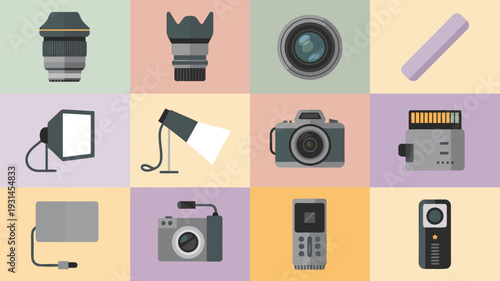 Vector Illustration Of A close up of a camera, a lamp, a camera lens, a flash drive and a camera isolated on white background