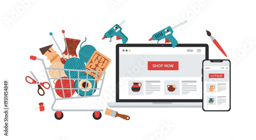 Online Craft Supplies and Handmade Goods E-commerce: Digital Shopping Experience with Cart, Laptop, and Mobile Store