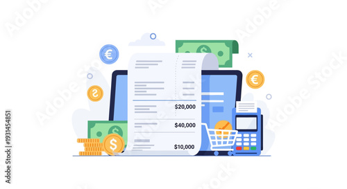 Online Shopping & Digital Payment: E-commerce Transactions, Billing, Budgeting, and Financial Management Concept with Receipt, Money, and POS Terminal