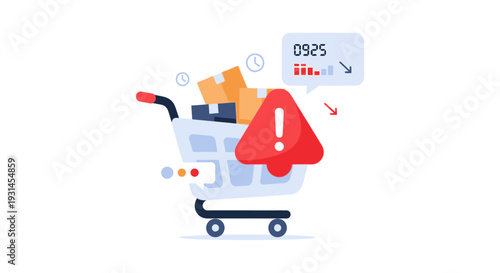 E-commerce Shipping Problem: Shopping Cart with Warning, Delivery Issues, and Sales Decline Graph