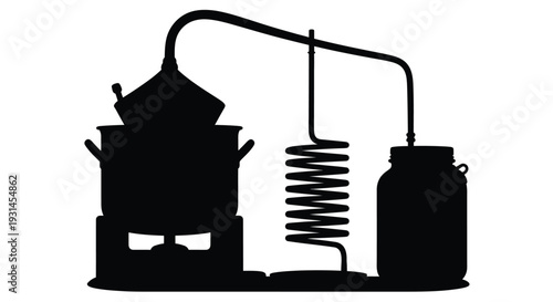 Vintage moonshine still illustration in a striking black silhouette