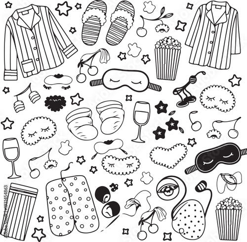 Black and white illustration of pajama party accessories and treats