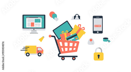 E-commerce Online Shopping Concept: Digital Retail, Secure Payments, Fast Delivery, and Mobile Commerce Icons