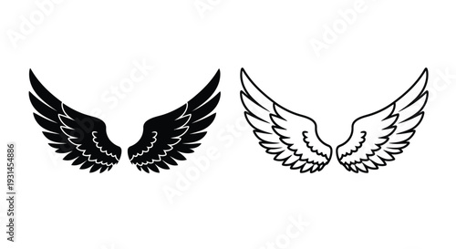 Two pairs of feathered wings presented in stark contrast silhouette