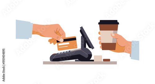 Cashless Coffee Payment: Hand Swiping Credit Card at POS Terminal for Takeaway Drink, Modern Retail Transaction Concept