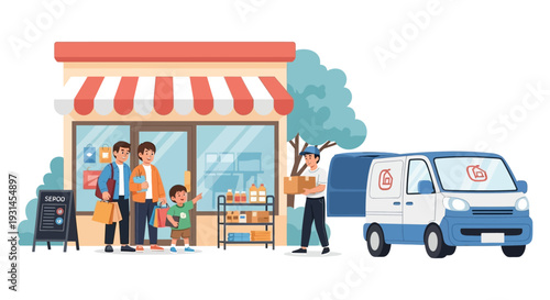 Modern Retail Experience: Family Shopping at Local Store with Convenient Package Delivery Service. E-commerce Logistics and Customer Service Illustration.