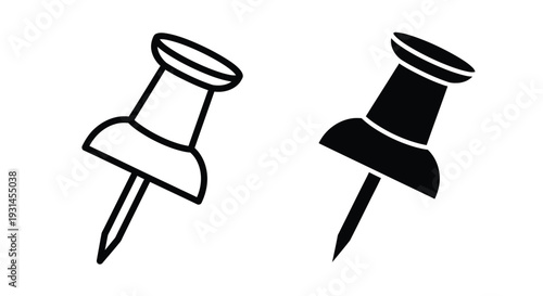 Two black push pins one outlined and one solid silhouette