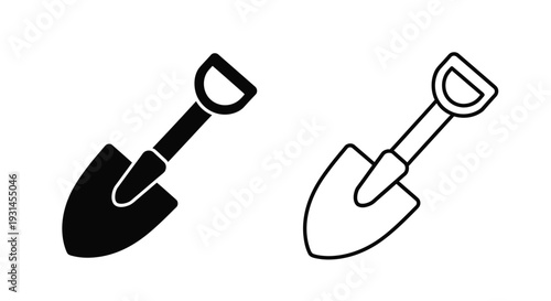 Two shovels depicted in contrasting styles filled and outline silhouette