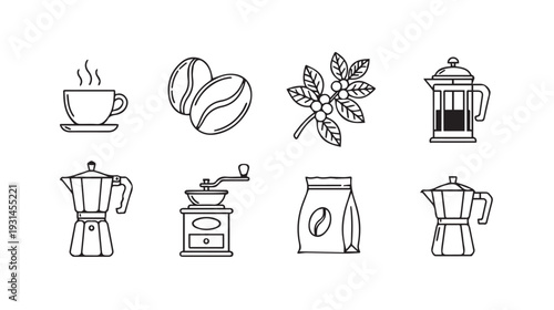 Coffee Icons: Bean Plant Cup Grinder Pot Press BagLine Art