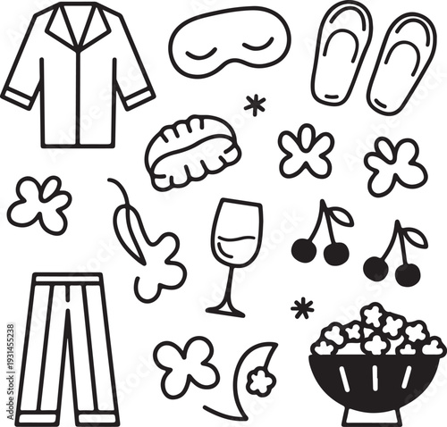 Black and white line drawing of romantic evening icons