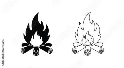 Two campfire illustrations one filled and one outlined a bold silhouette