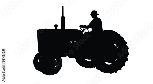 A vintage tractor with a farmer driving shown in black silhouette