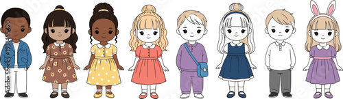 Diverse Cute Kids Characters Set with Different Skin Tones Hairstyles and Outfits Inclusive Children Cartoon Vector Illustration Collection