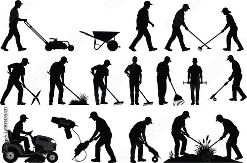 Flat vector gardening silhouettes, landscaping workers, lawn mowing, raking leaves, trimming bushes, planting trees, wheelbarrow, leaf blower, outdoor yard work design