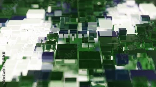 Abstract background featuring numerous glistening green and white glass cubes in varying sizes and heights, forming a complex geometric digital landscape