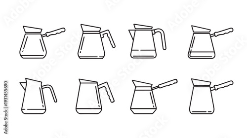 Collection of coffee pots and cezves icons, outline style, isolated on white background