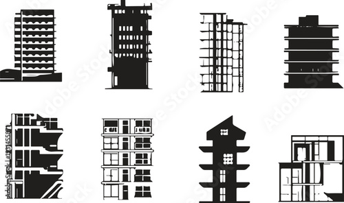 Flat vector illustration of architectural building silhouettes, exterior and interior views, modern urban design concept, minimalistic construction layout, structural study