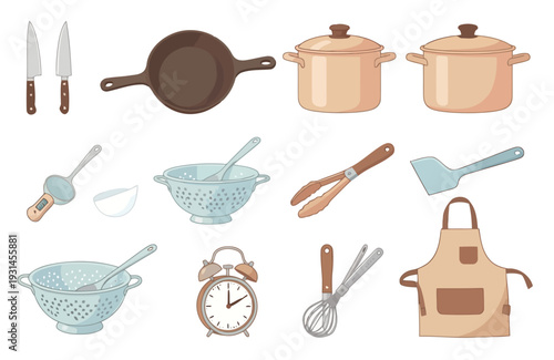 Vector Illustration Of A close up of a variety of kitchen utensils and cooking utensils isolated on white background