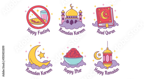 Ramadan Kareem icons set, happy fasting, read quran, happy iftar, happy ramadan