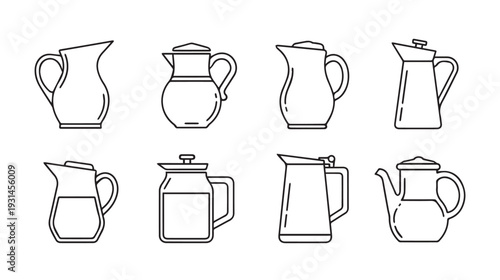 Collection of eight different outline pitchers and jugs for liquids, stock icons